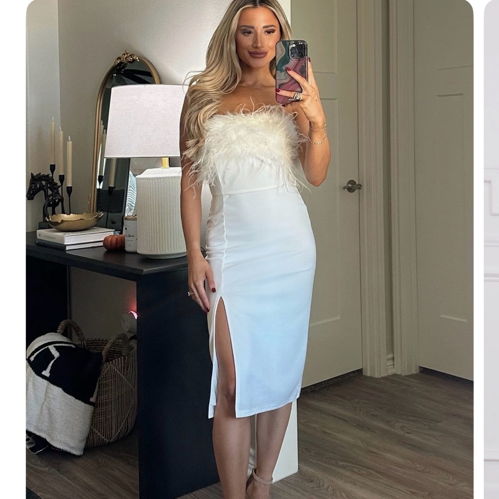 NWT White Strapless Feather Midi Dress